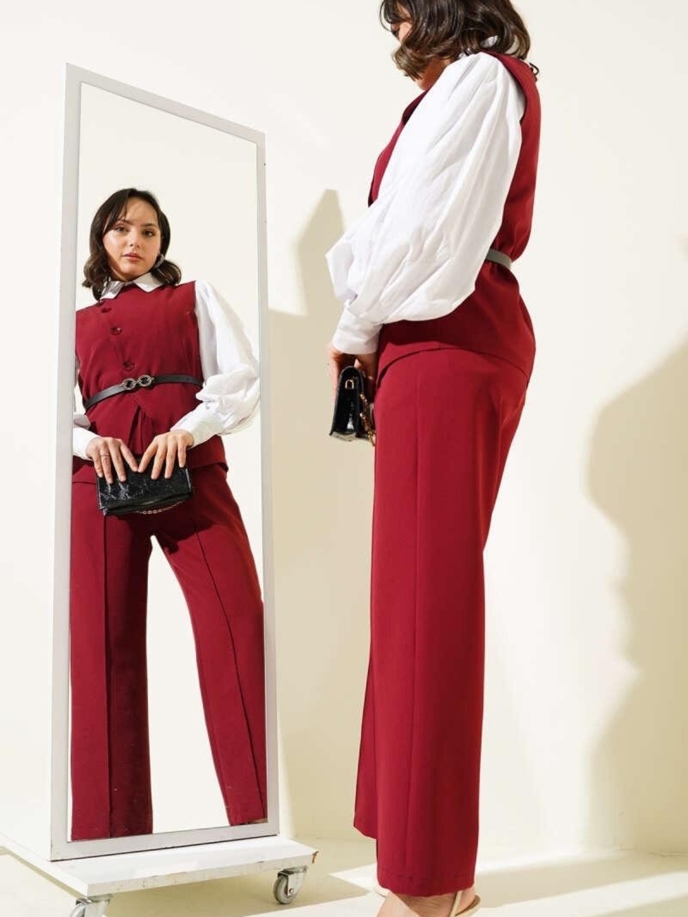 Burgundy Belted Vest Set NWOT Cross Button Wide Leg Pants Modest L